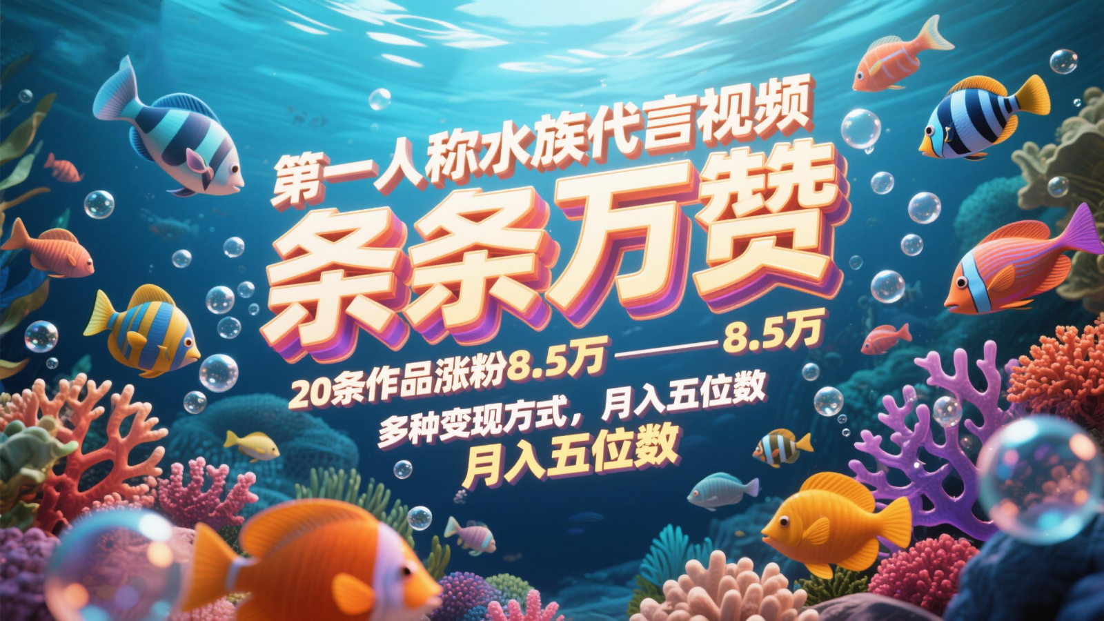 第一人称水族代言视频，条条万赞，20条作品涨粉8.5万，多种变现方式月，入五位数-聚业
