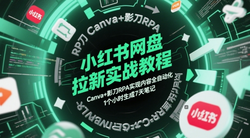 小红书网盘拉新实战教程，Canva+影刀RPA实现内容全自动化，1个小时生成7天笔记-聚业