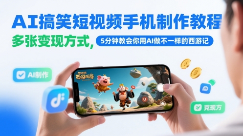 AI搞笑短视频手机制作教程，多张变现方式，5分钟教会你用AI做不一样的西游记-聚业