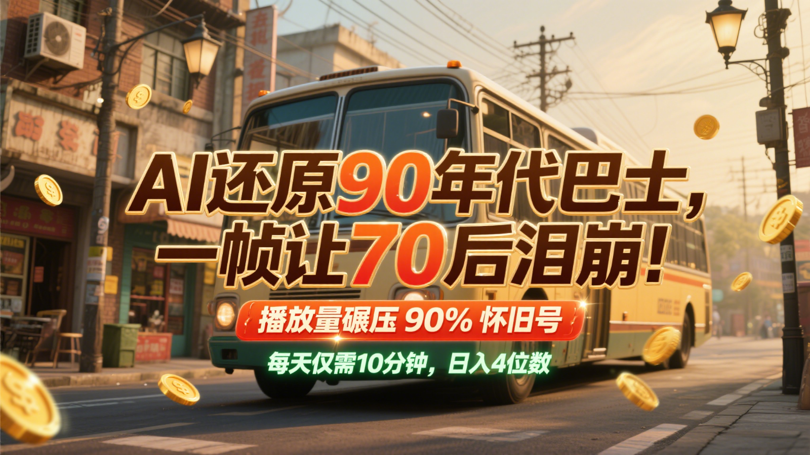 AI还原90年代巴士，一帧让70后泪崩！播放量碾压90%怀旧号，每天10分钟，日入4位数-聚业