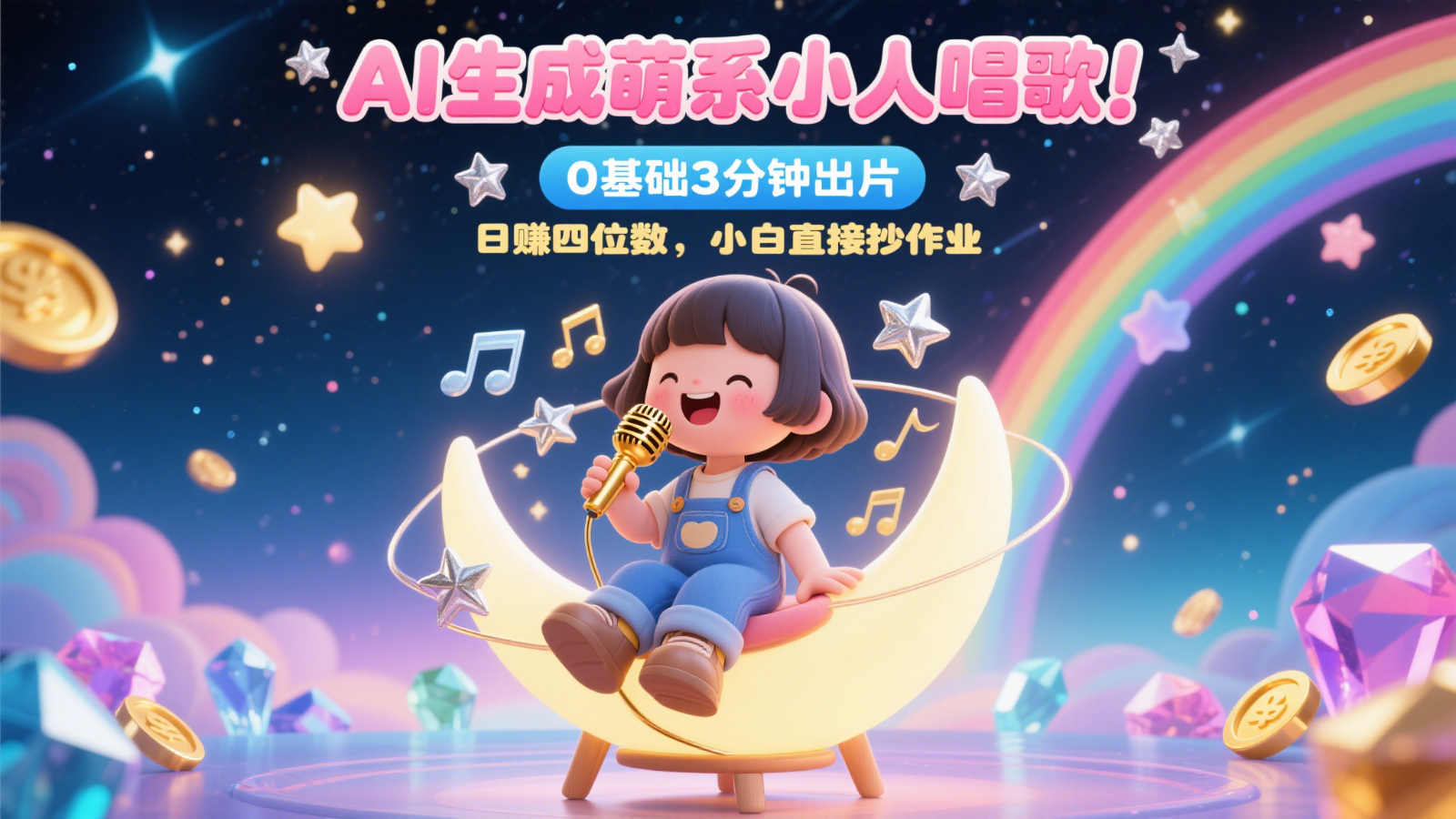 AI生成萌系小人唱歌！0基础3分钟出片，28个作品涨粉9万，日赚四位数，小白直接抄作业-聚业