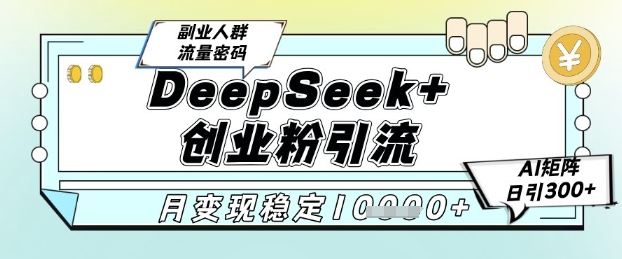 DeepSeek+创业粉精准引流，全新分享课4.0玩法，AI矩阵日引300+，多种变现方式，稳定月入1W-聚业