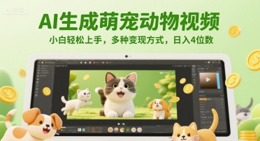 AI生成萌宠动物视频，小白轻松上手，多种变现方式，日入4位数-聚业